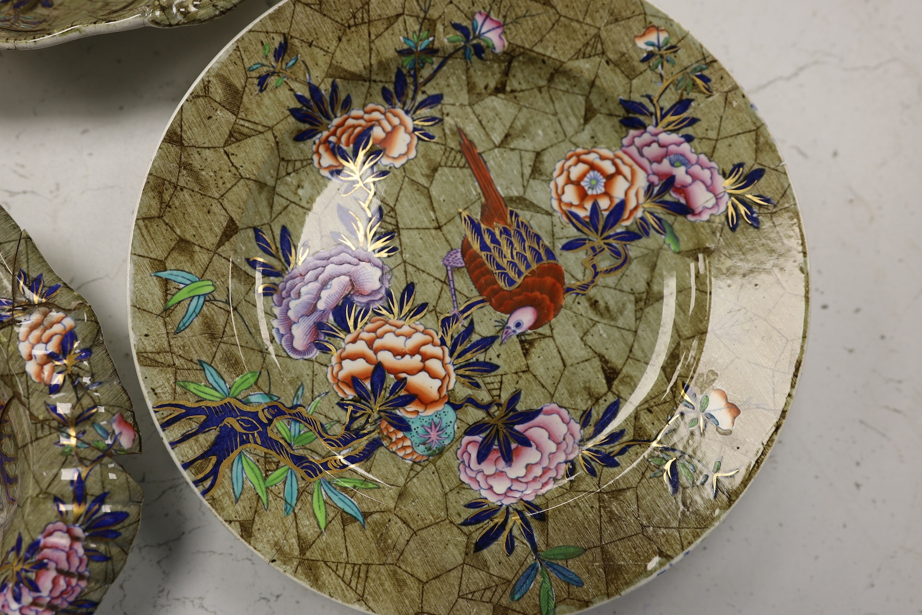 Two pairs of Spode floral and avian decorated dishes and six Derby dishes. Condition - poor